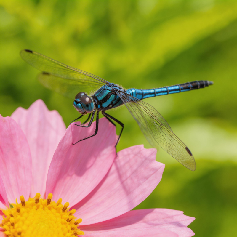 蓝蜻蜓栖粉花图片