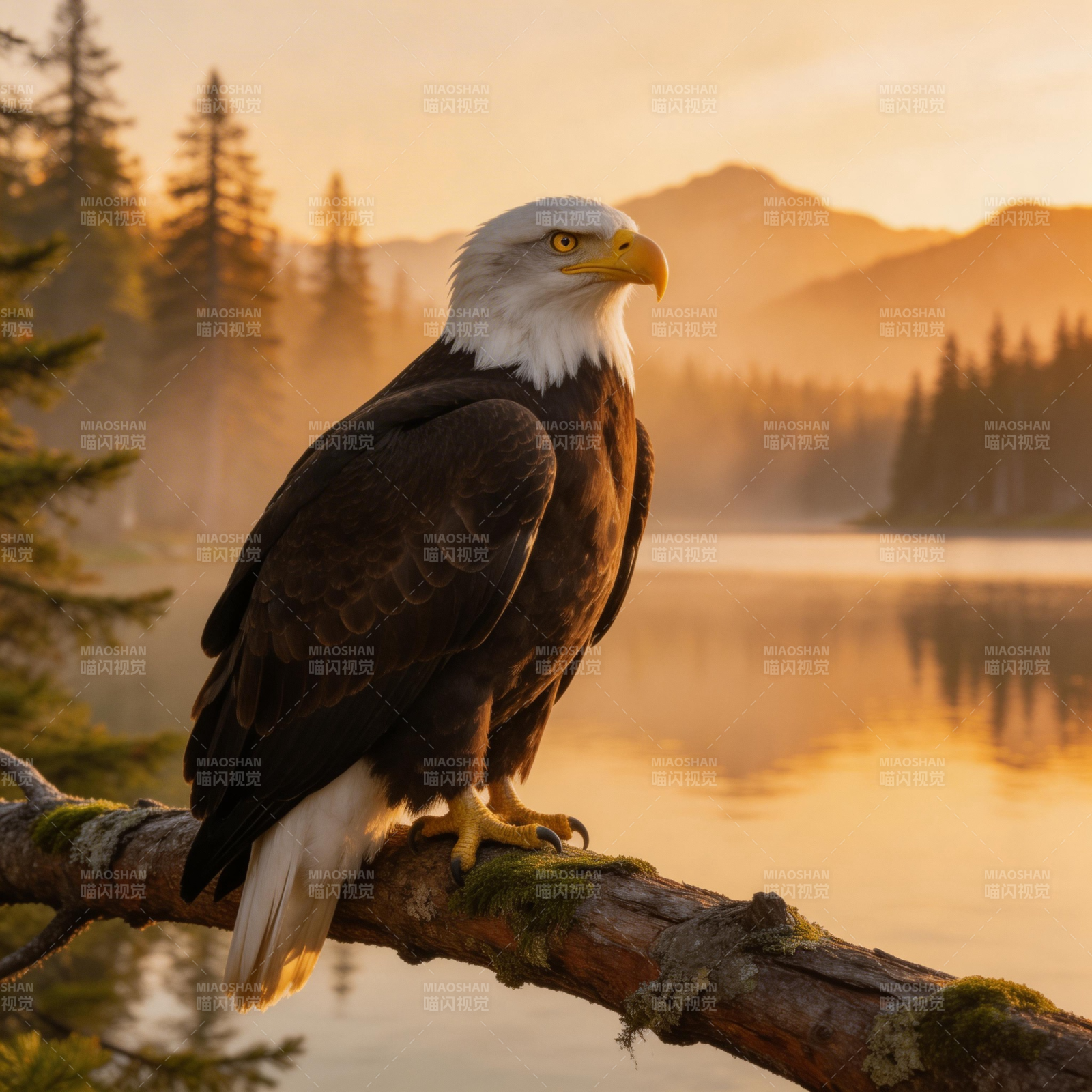 鹰立枝头 湖光山色图片