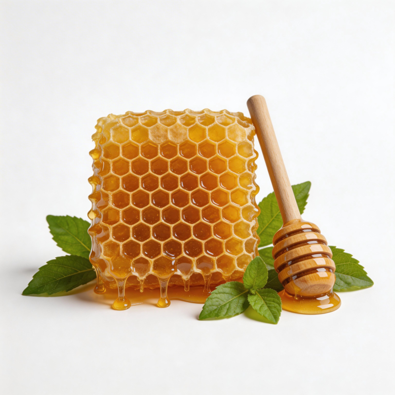 蜂蜜蜂巢与木勺图片