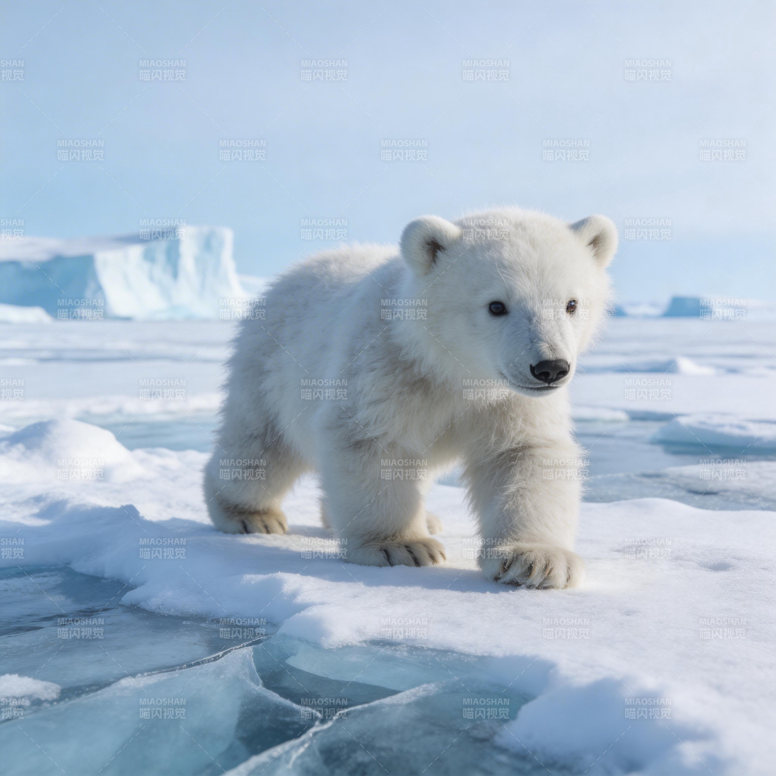 北极熊幼崽冰上行图片