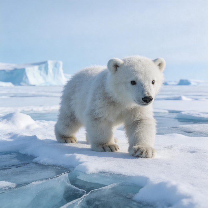 北极熊幼崽冰上行图片