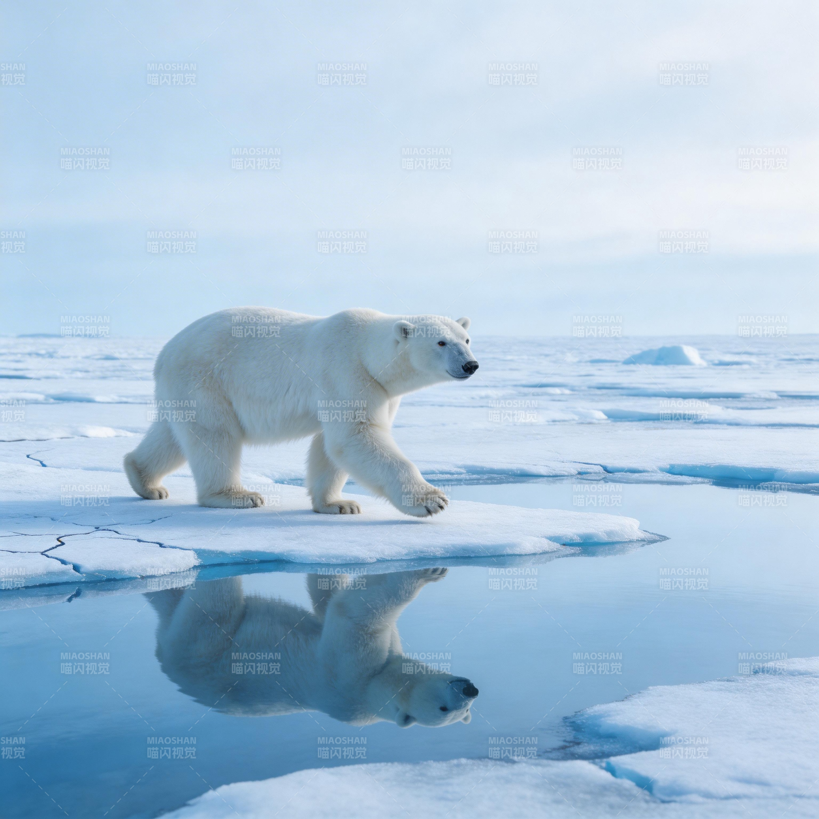 北极熊冰面倒影图片
