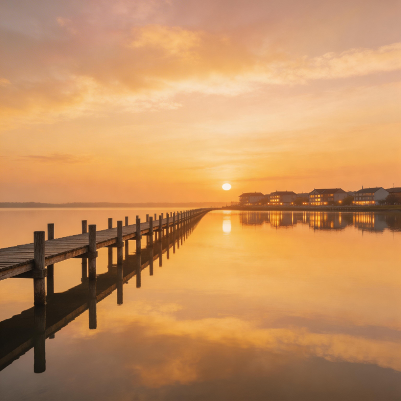夕阳下的静谧长桥图片