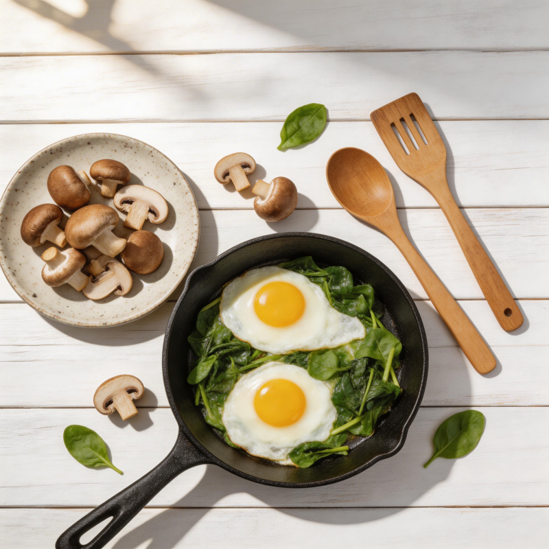 煎蛋配菠菜蘑菇图片