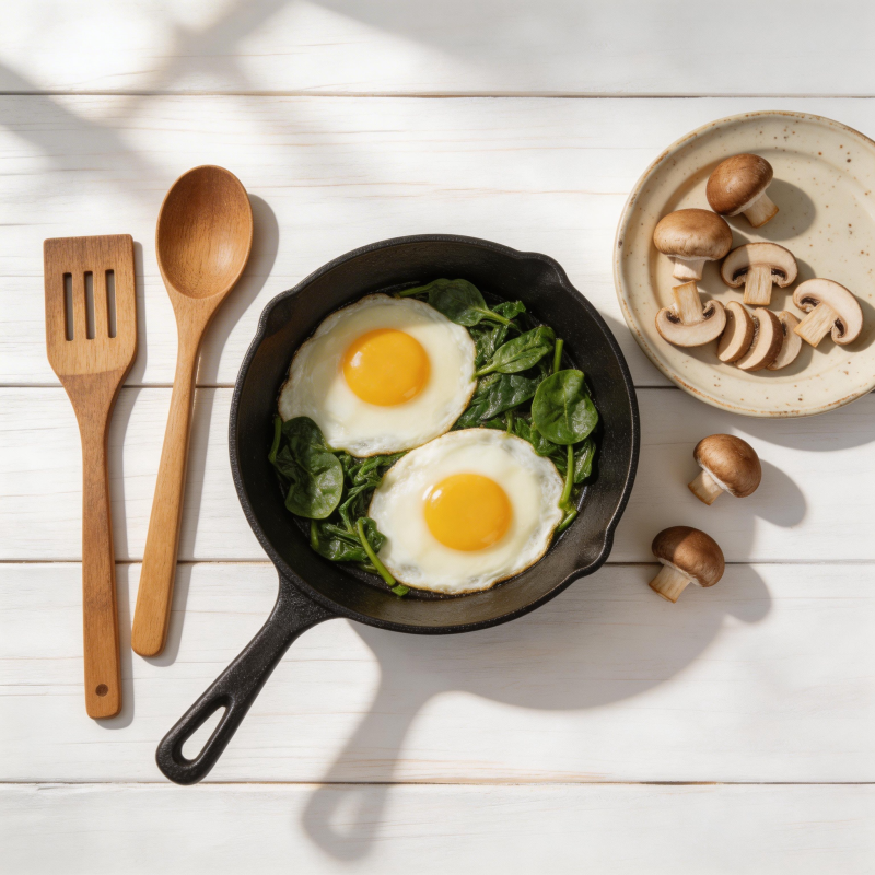 煎蛋配菠菜与蘑菇图片