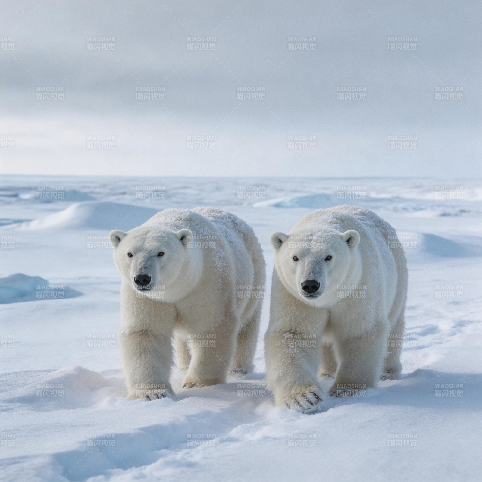 北极熊雪原同行图片