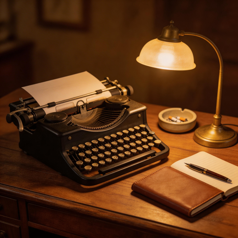 旧式打字机与台灯图片