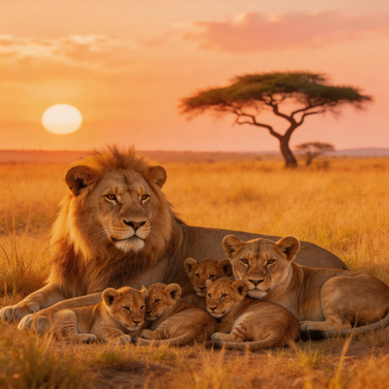 狮群夕阳下休憩图片