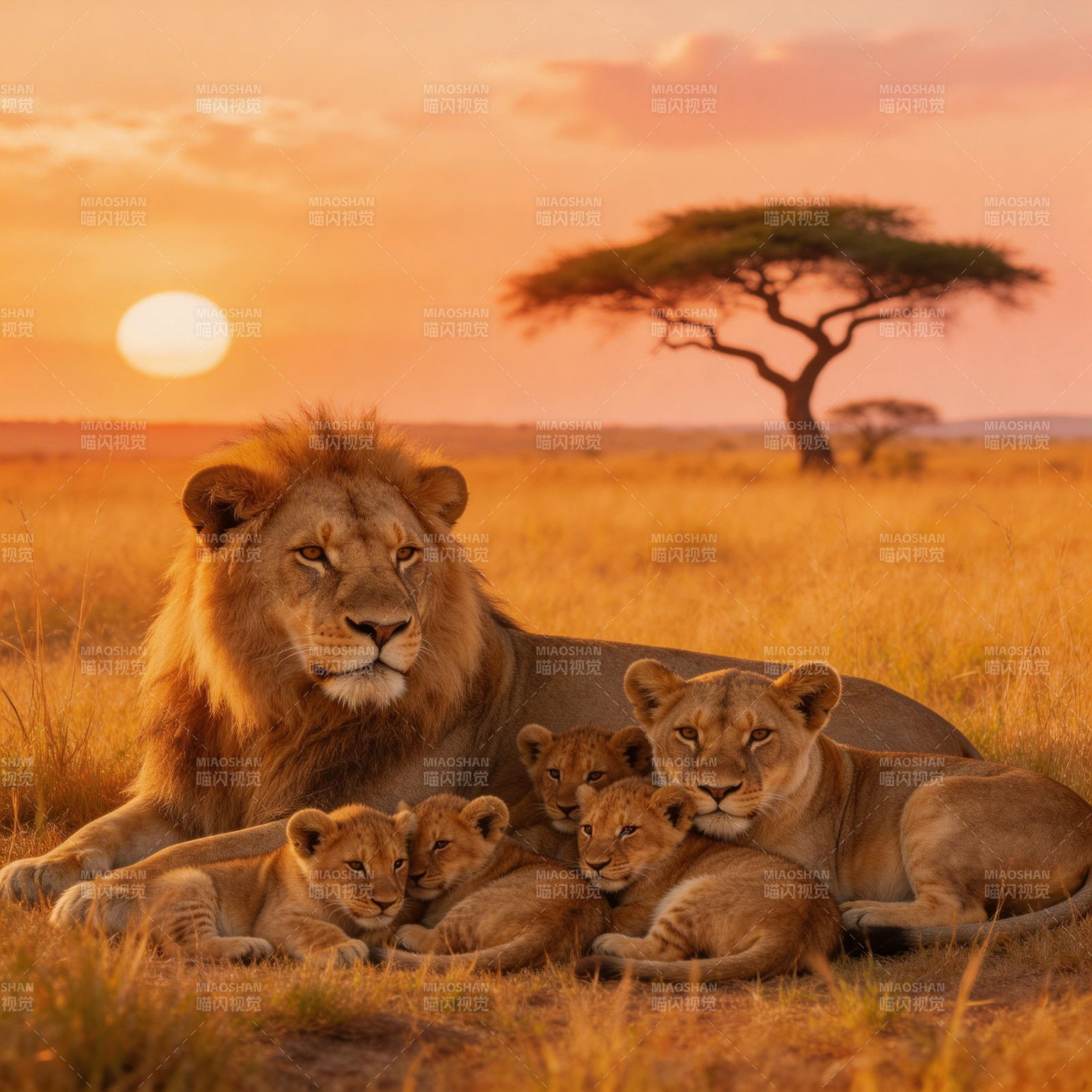 狮群夕阳下休憩图片
