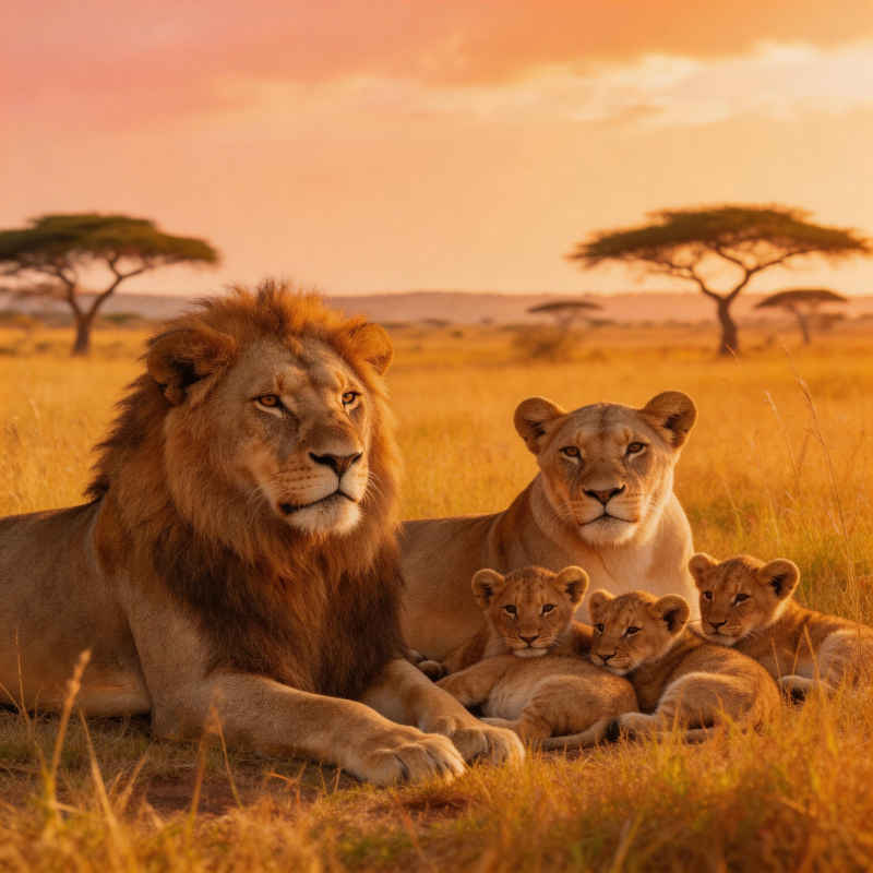 狮群夕阳下休憩图片