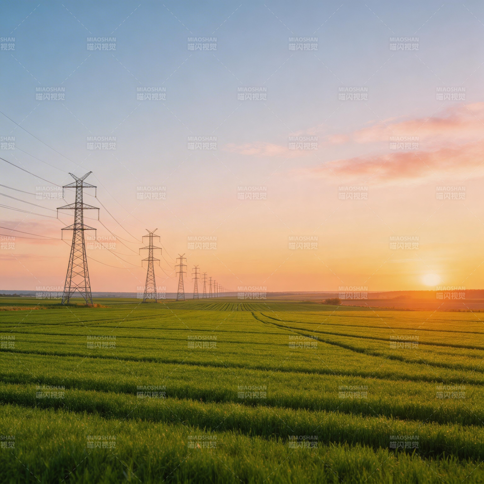 田野夕阳电塔行图片