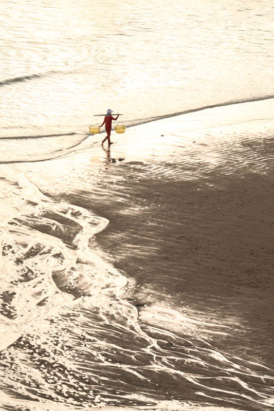 海边挑担人图片