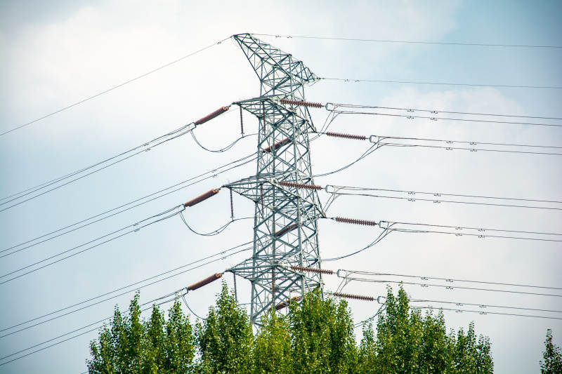 高压电塔与绿树图片