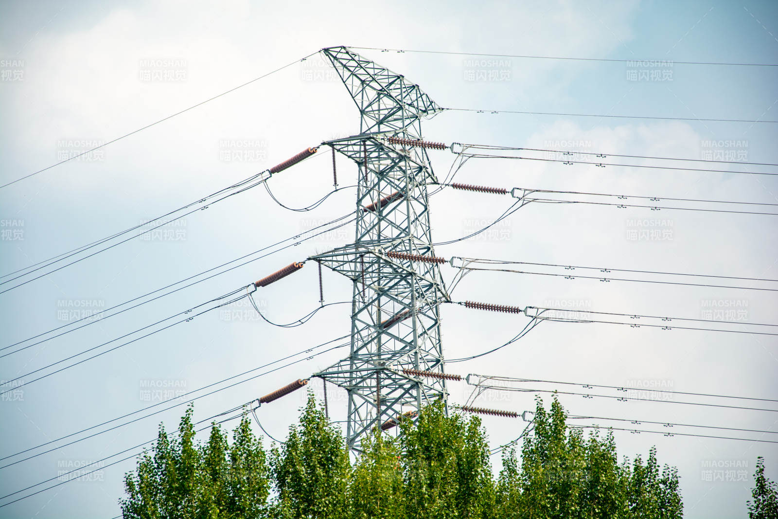 高压电塔与绿树图片
