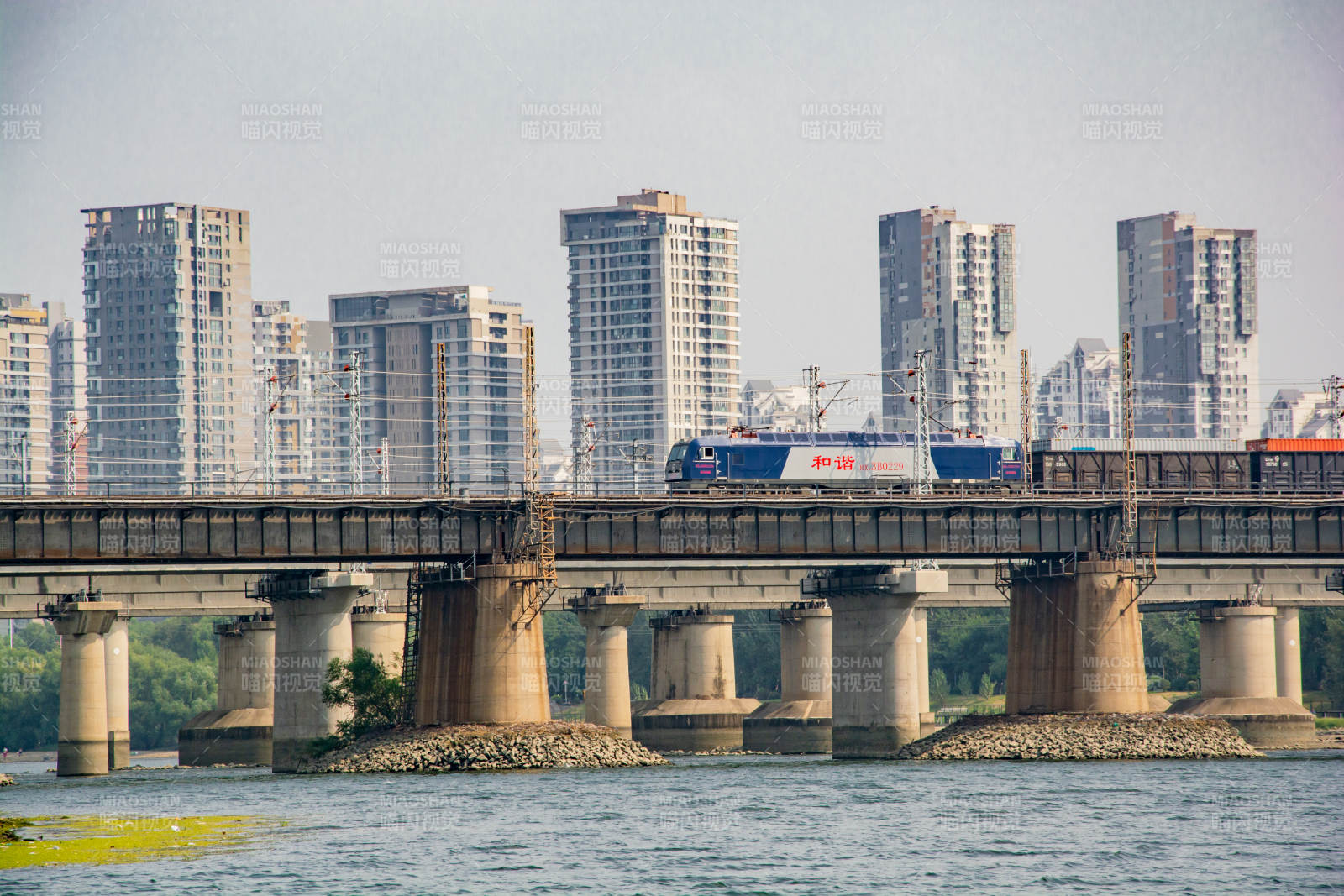 桥上列车穿城过图片