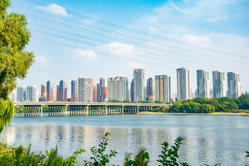 城市湖景天际线图片