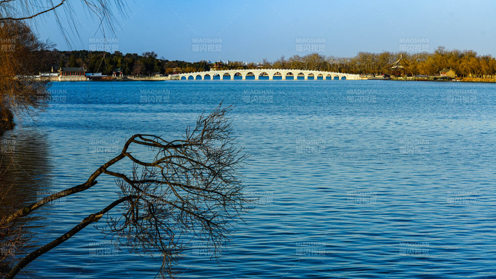 湖畔拱桥春景图片