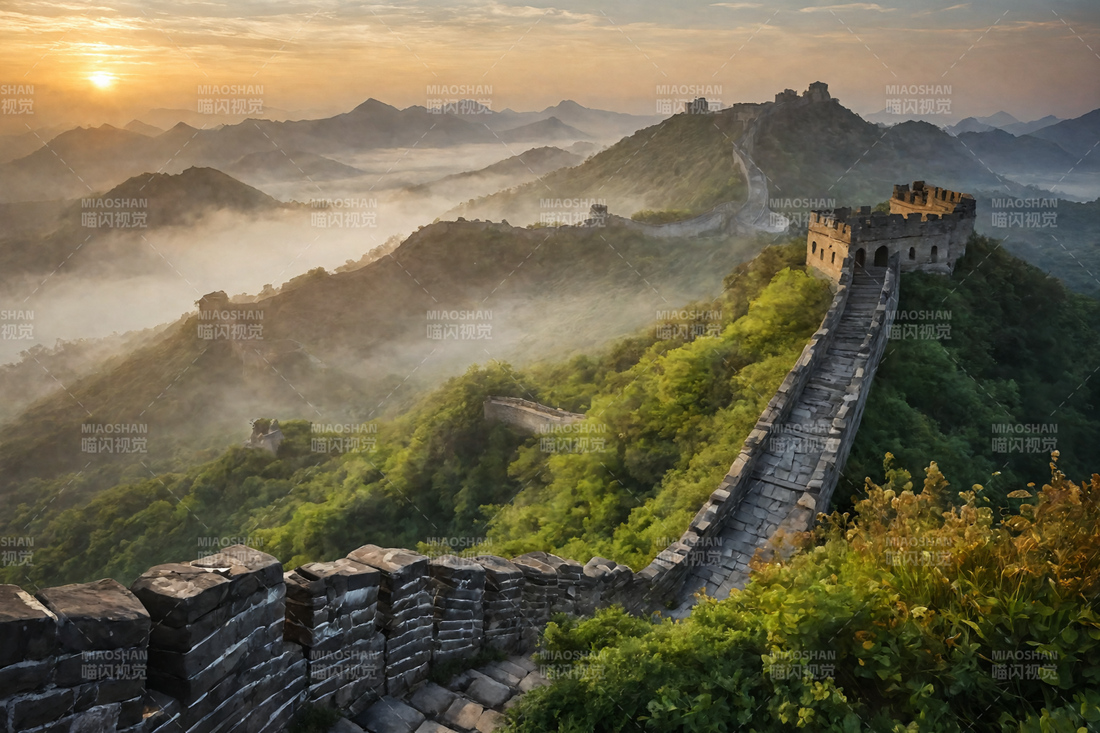 长城晨雾美景图片