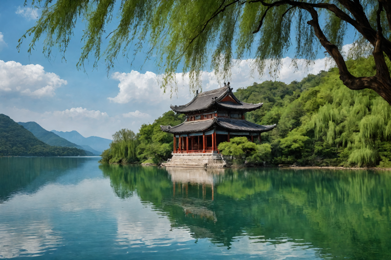 湖畔古亭倒影图片