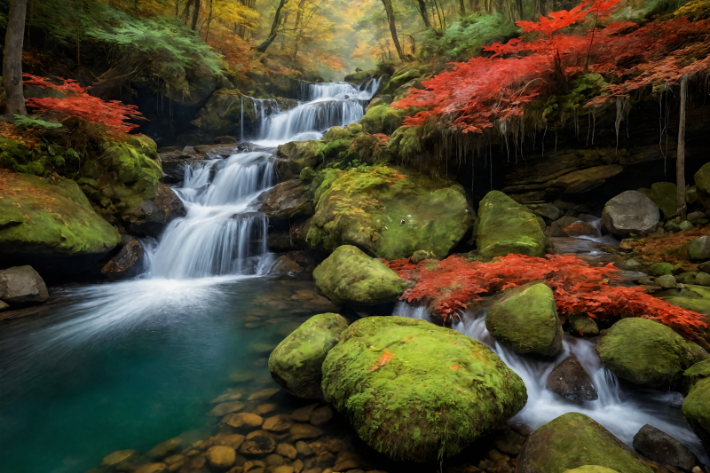 秋林溪流瀑布图片