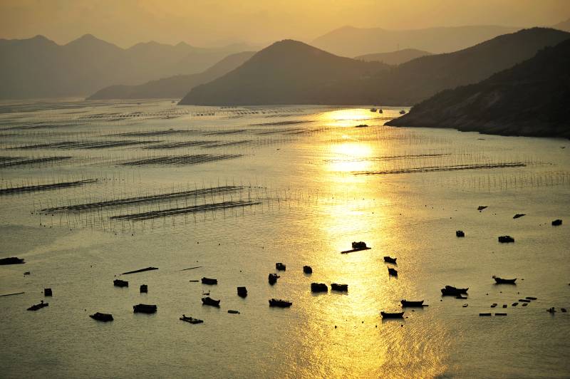 夕阳下的渔港风光图片