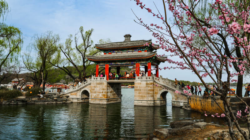 春日湖畔古桥美景图片