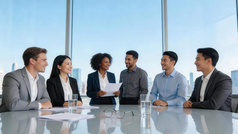 六位职场人士围坐会议桌讨论文件图片