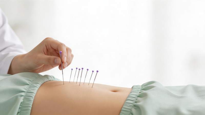 医生为患者腹部进行针灸治疗操作图片