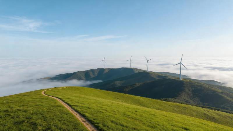 绿草山坡小径蜿蜒通向云海风车群图片