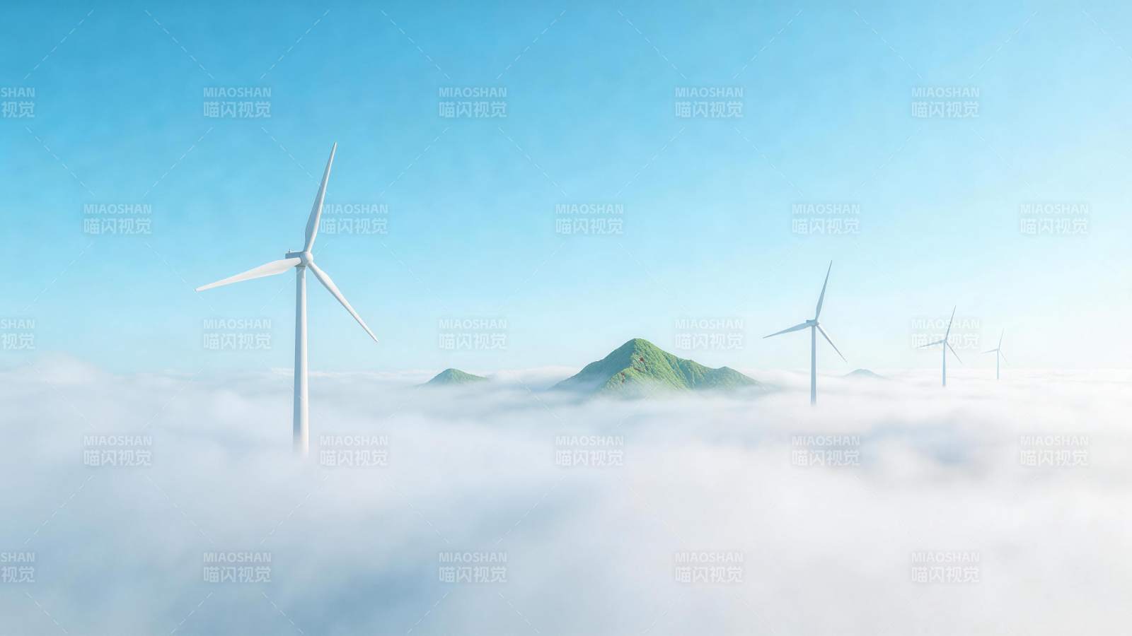 云海之上多座白色风力发电机矗立山巅图片