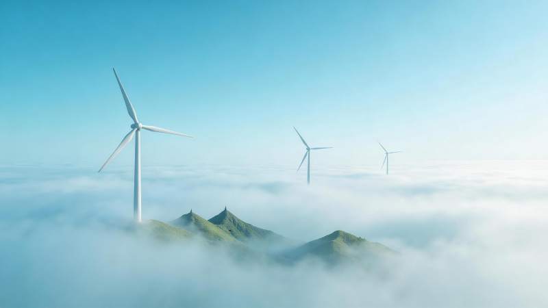 云海之上的三座白色风力发电机图片