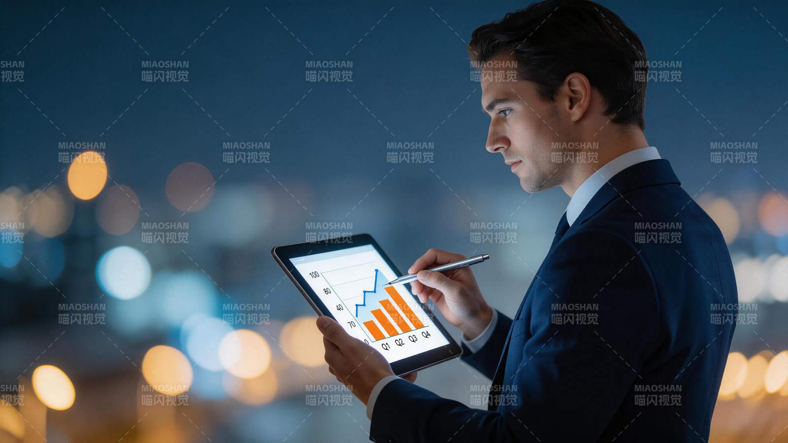 商务人士夜间使用平板分析数据图表图片
