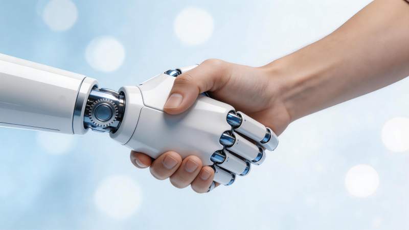 人类手掌与机械手臂握手特写画面图片