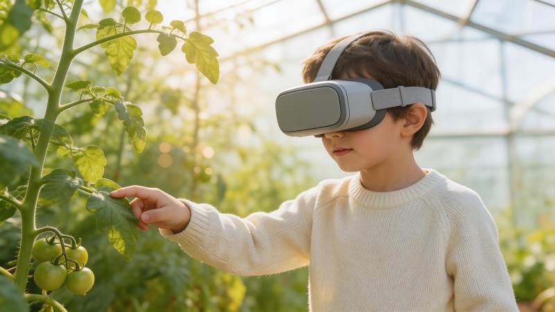 戴VR眼镜的儿童在温室观察番茄植株图片