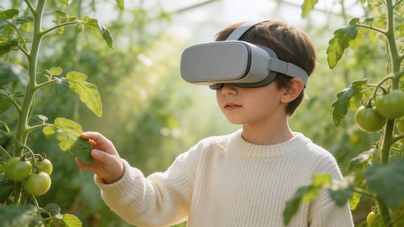儿童佩戴VR设备观察番茄植株生长过程图片