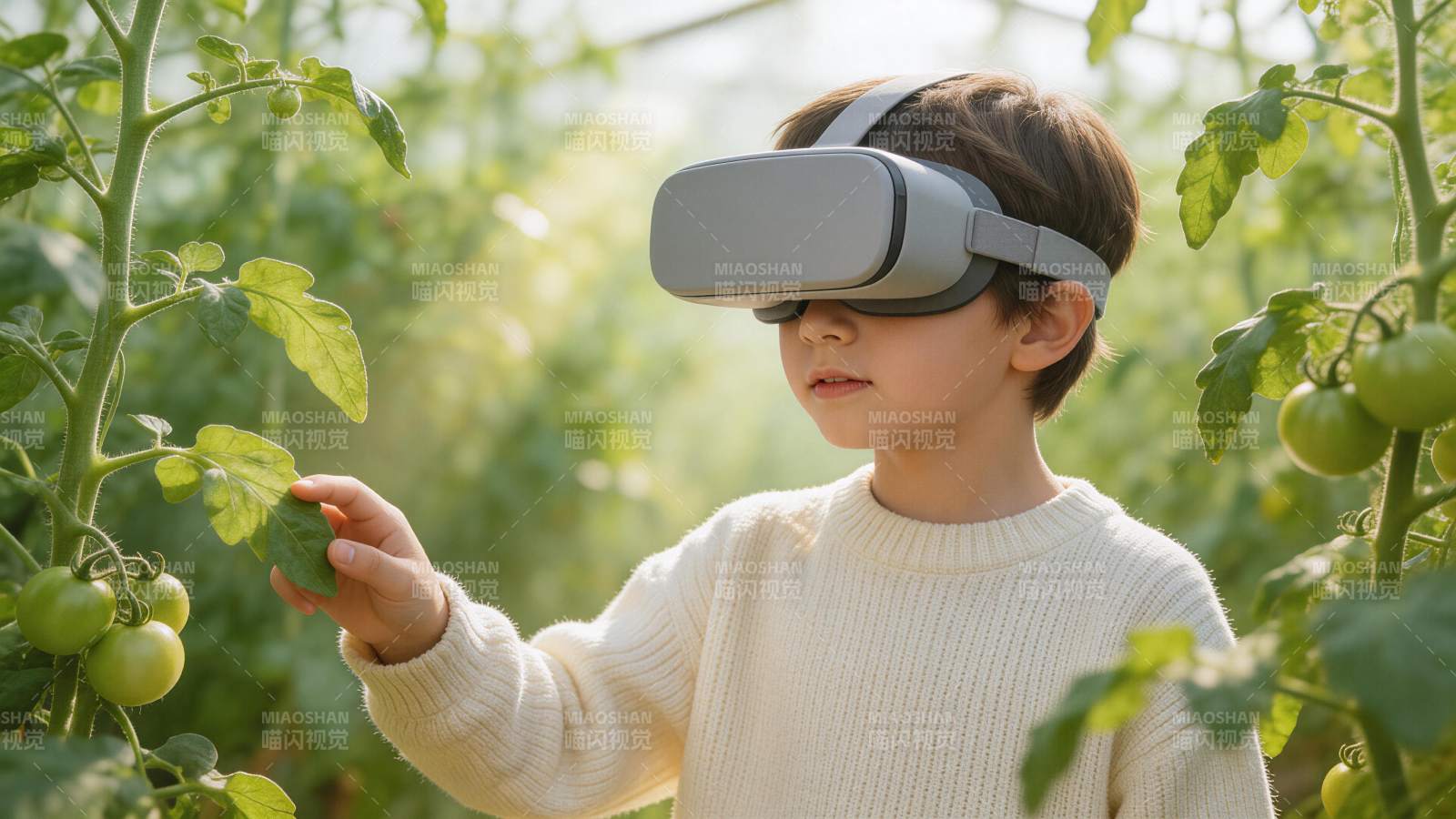 儿童佩戴VR设备观察番茄植株生长过程图片