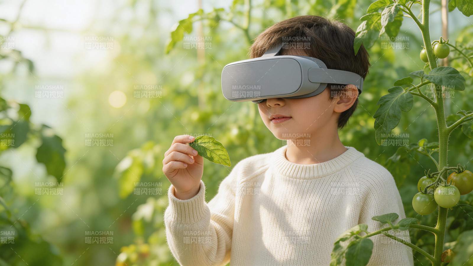 儿童佩戴VR设备观察植物叶片细节图片