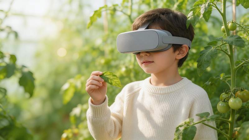 儿童佩戴VR设备观察植物叶片细节图片