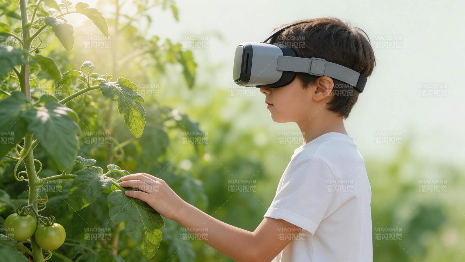 戴VR眼镜的男孩观察番茄植株生长图片