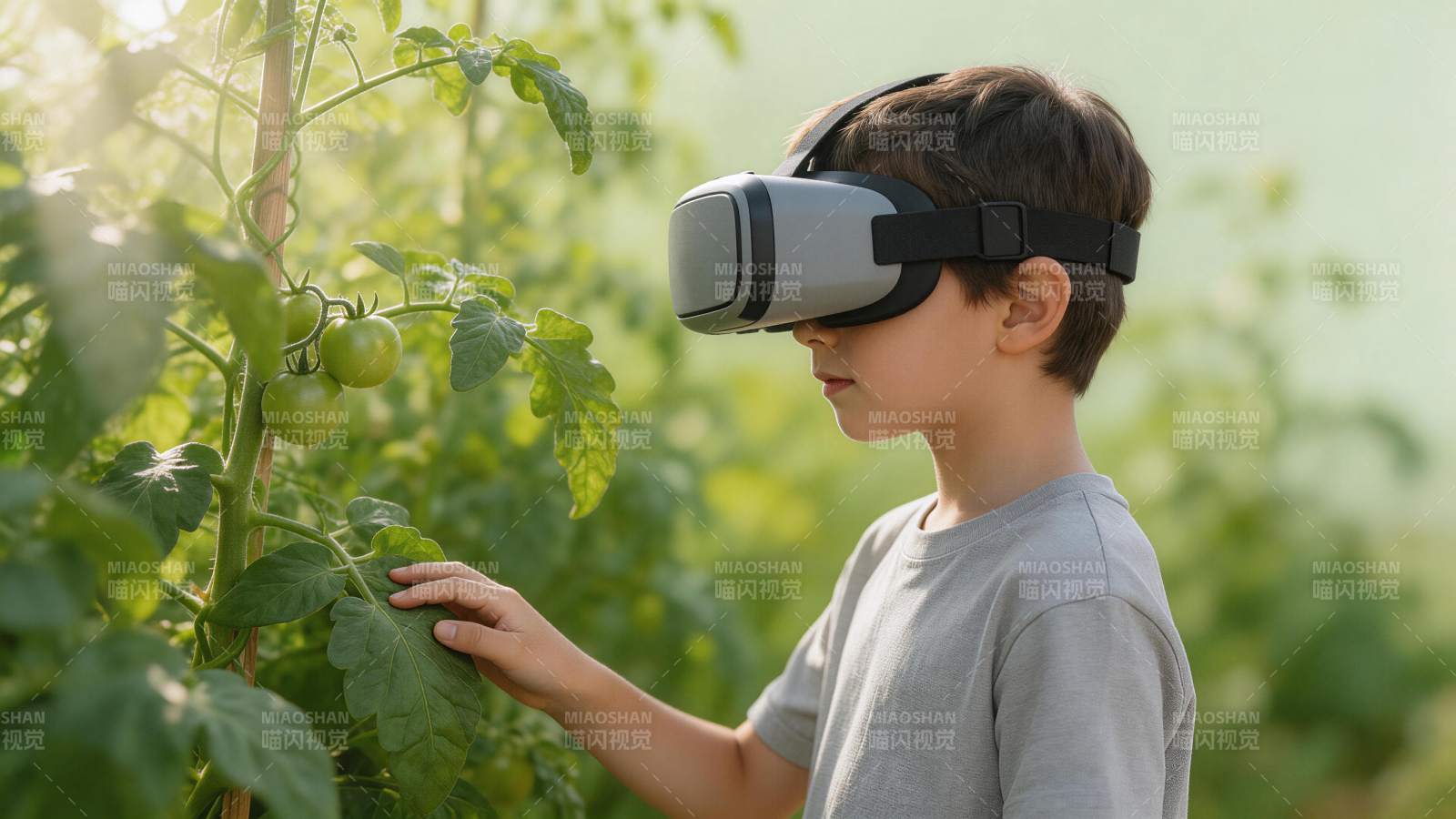 戴VR眼镜的男孩在番茄植株旁观察图片