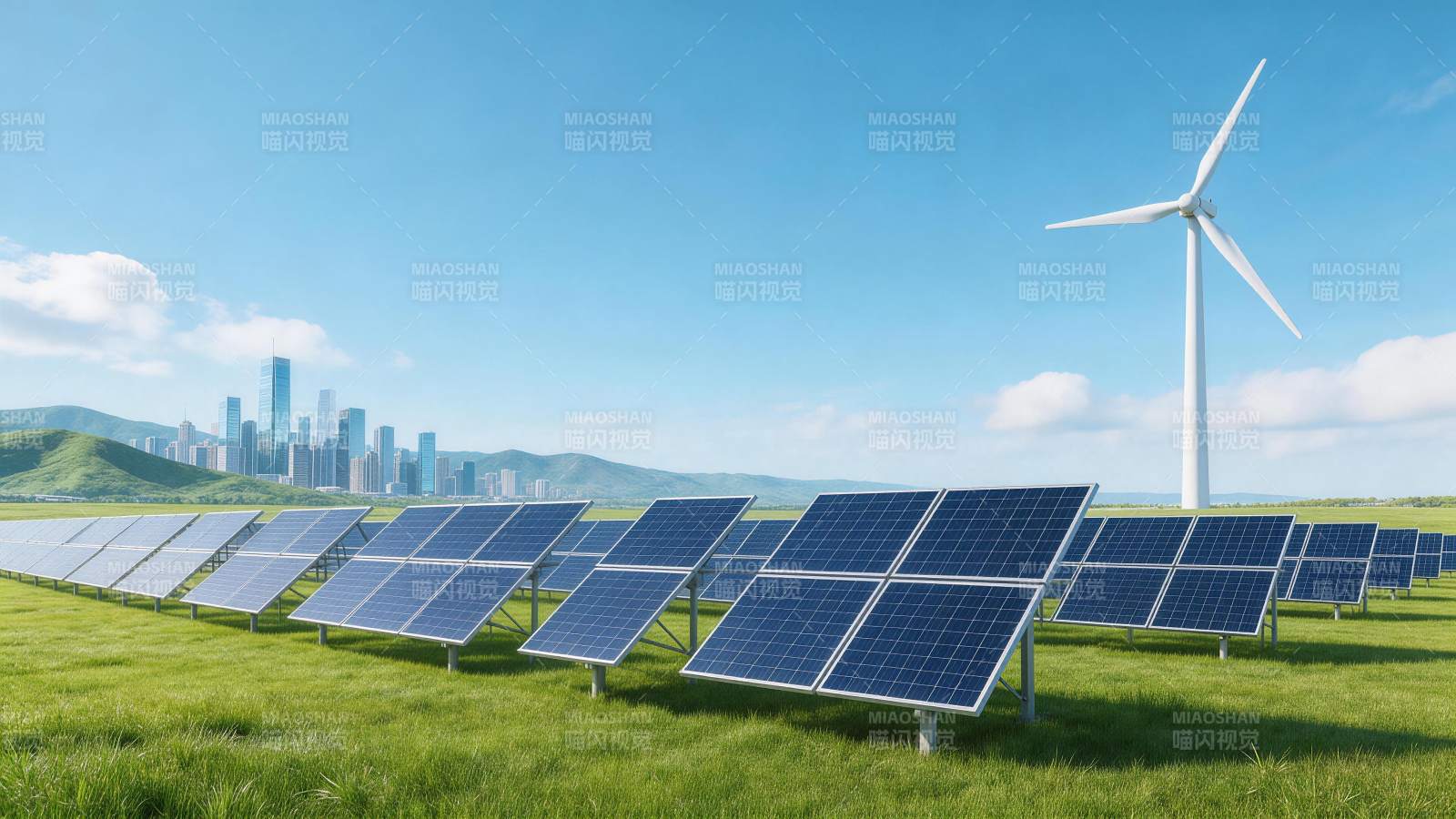 绿色草地上排列的太阳能板与风力发电机图片