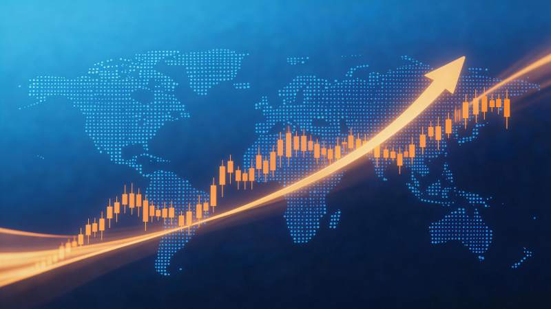 全球金融图表上升趋势与世界地图背景图片