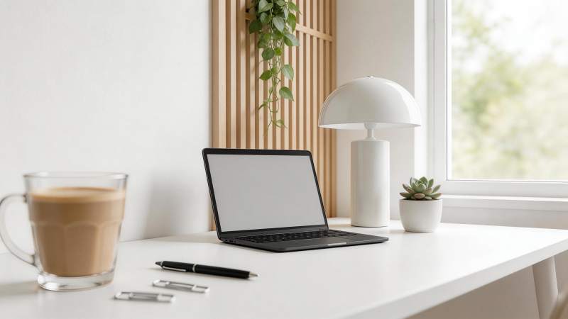 白色书桌上摆放笔记本电脑与咖啡杯绿植台灯图片