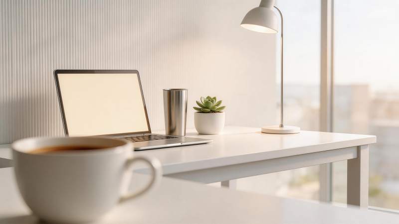 白色办公桌上摆放笔记本电脑与绿植咖啡杯图片