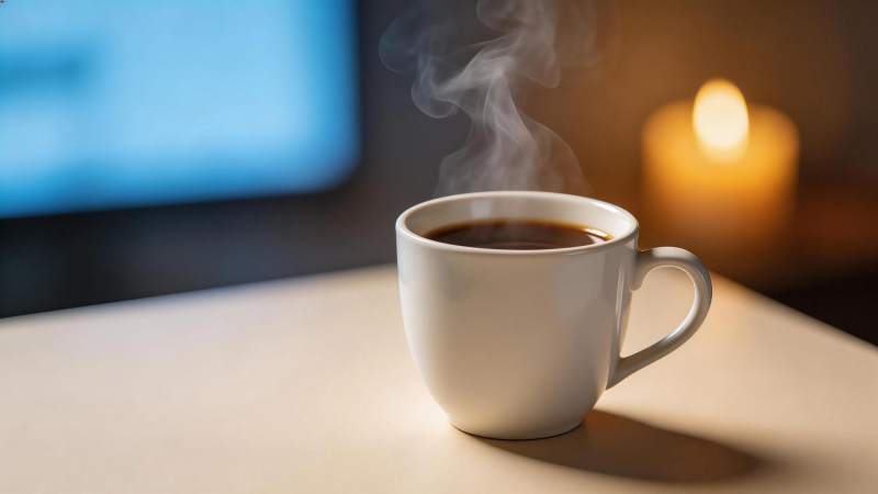 白色瓷杯热咖啡升腾蒸汽桌面静物图片