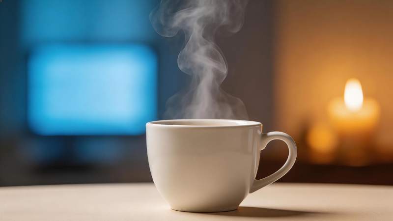 白色瓷杯热气升腾置于桌面背景虚化图片