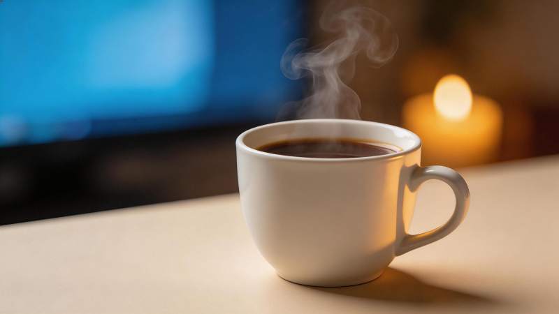 白色瓷杯盛热咖啡升腾蒸汽特写图片