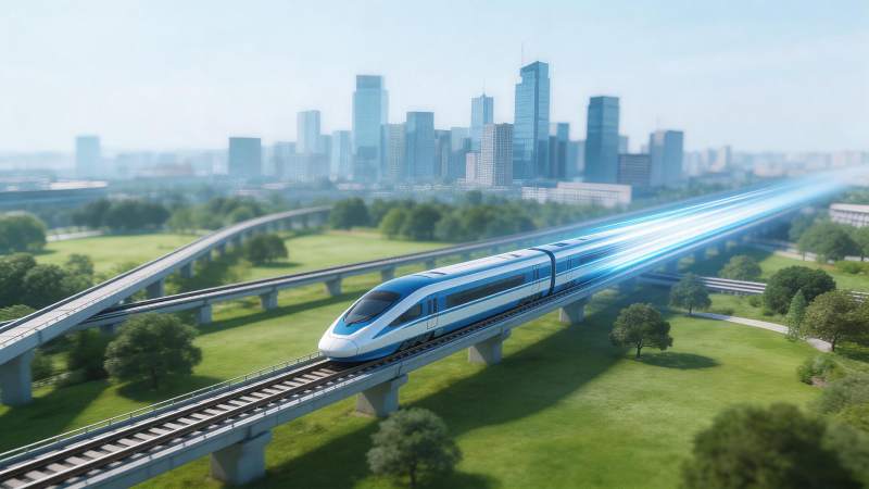 高速列车穿行城市绿地高架轨道图片