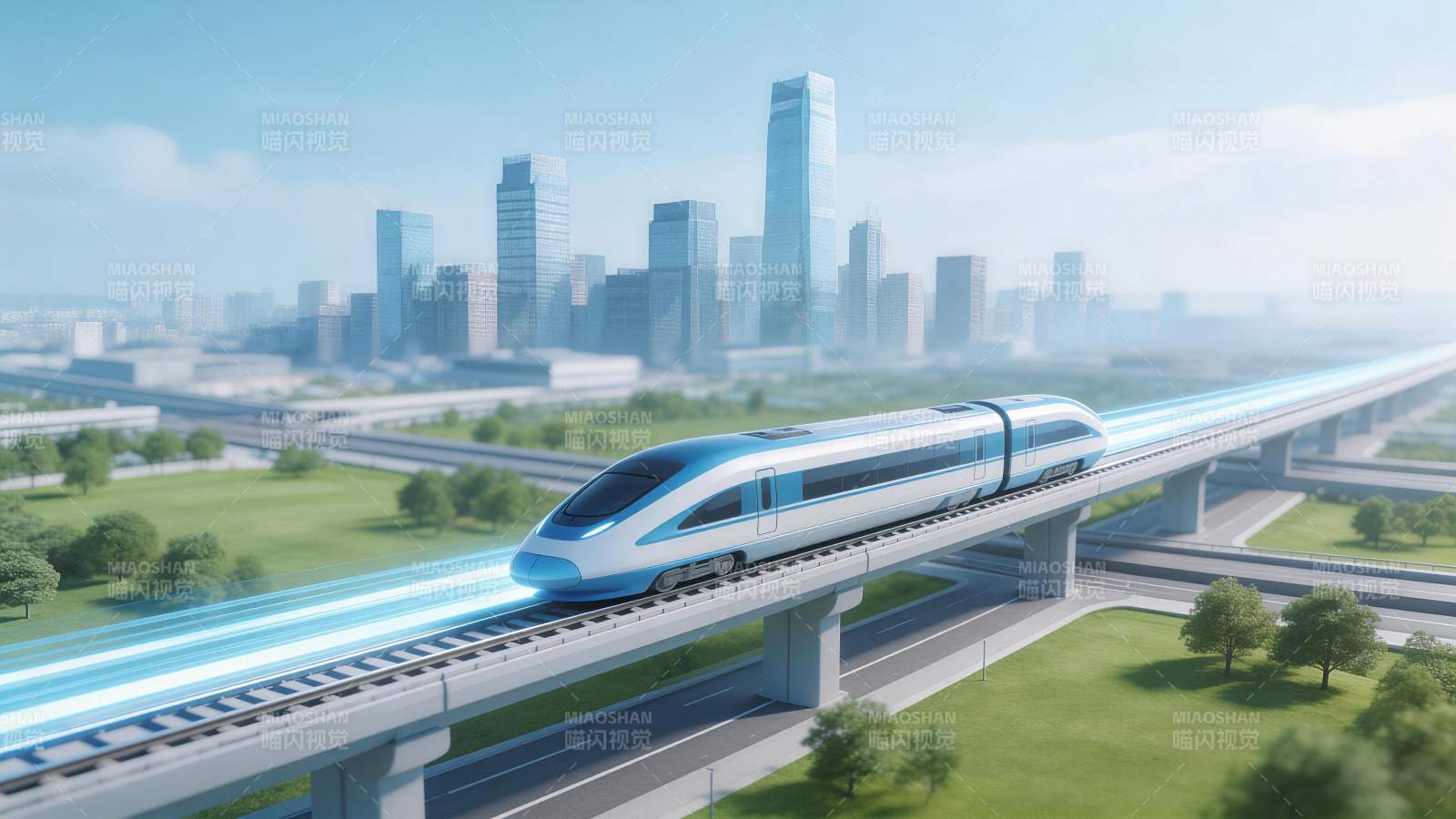 高速列车行驶在城市高架轨道上图片