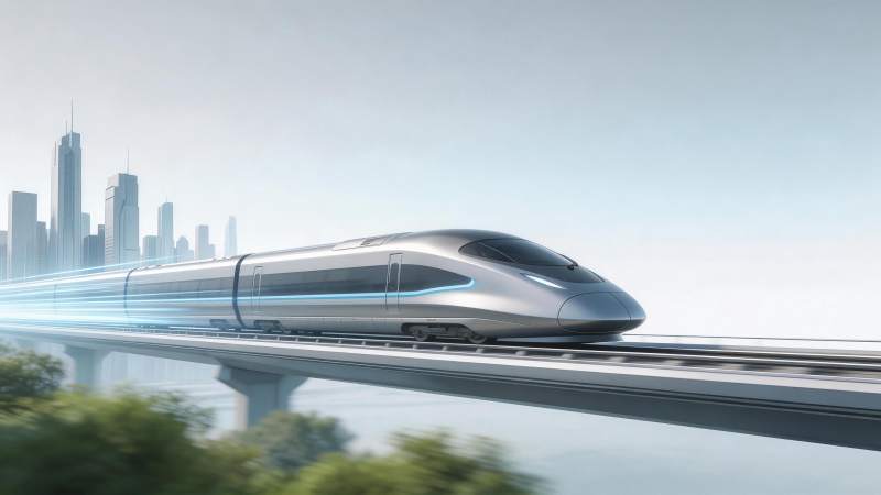 银色高速列车行驶在城市高架轨道上图片